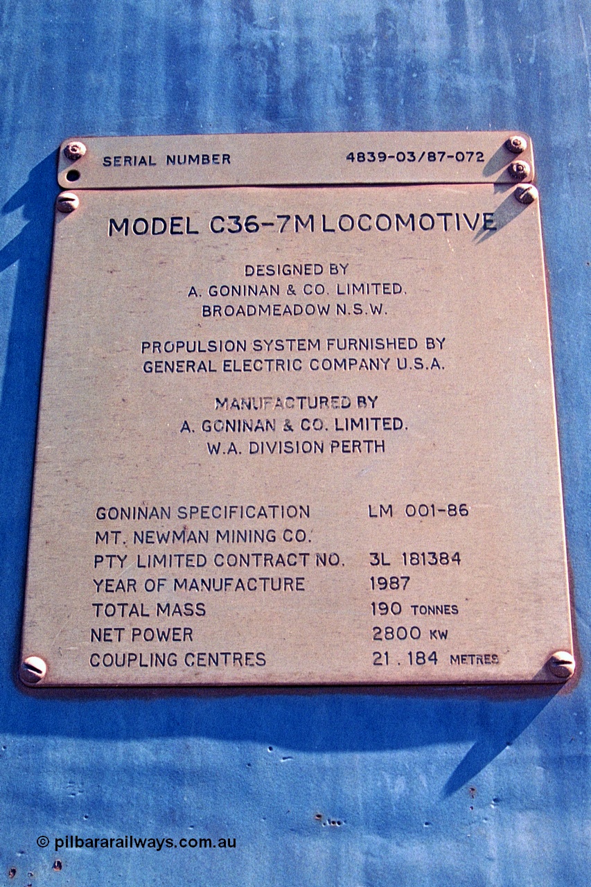 251-07
Nelson Point, BHP's recently retired Goninan WA ALCo C636 to GE C36-7M rebuild unit 5507 builders plate. 22nd April 2000.
Keywords: 5507;Goninan;GE;C36-7M;4839-03/87-072;rebuild;AE-Goodwin;ALCo;C636;5461;G6035-2;