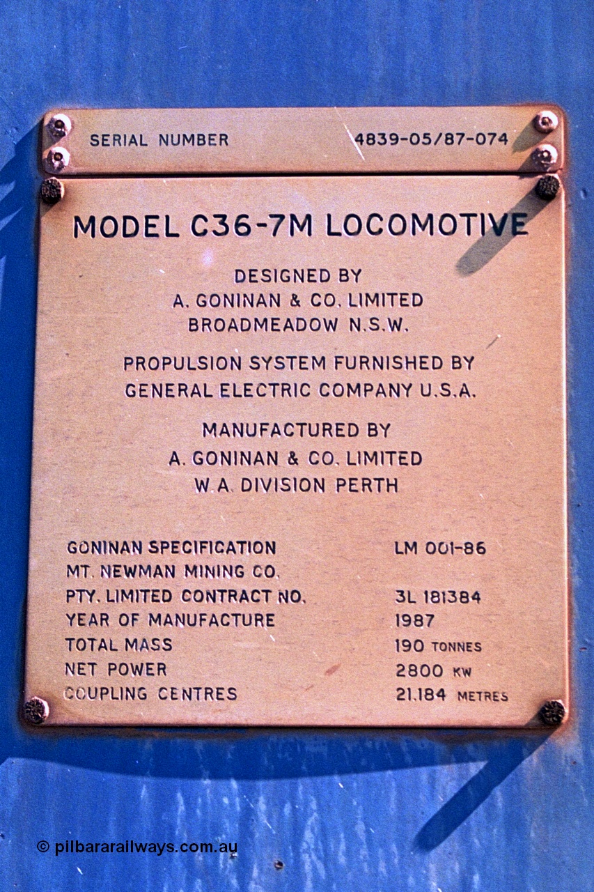 251-10
Nelson Point, BHP's recently retired Goninan WA ALCo C636 to GE C36-7M rebuild unit 5509 builders plate. 22nd April 2000.
Keywords: 5509;Goninan;GE;C36-7M;4839-05/87-074;rebuild;AE-Goodwin;ALCo;C636;5452;G6012-1;