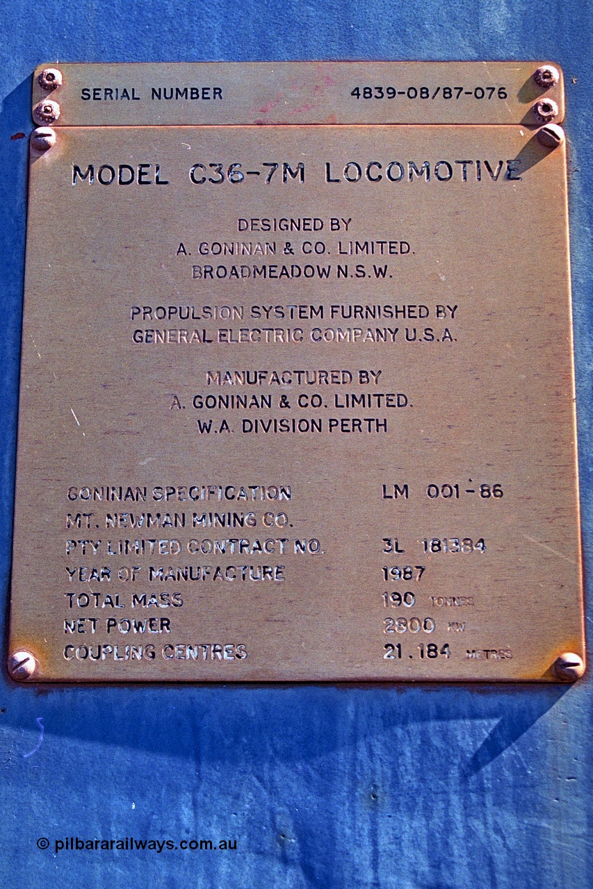 251-12
Nelson Point, BHP's recently retired Goninan WA ALCo C636 to GE C36-7M rebuild unit 5511 builders plate. 22nd April 2000.
Keywords: 5511;Goninan;GE;C36-7M;4839-08/87-076;rebuild;AE-Goodwin;ALCo;C636;5463;G6035-4;