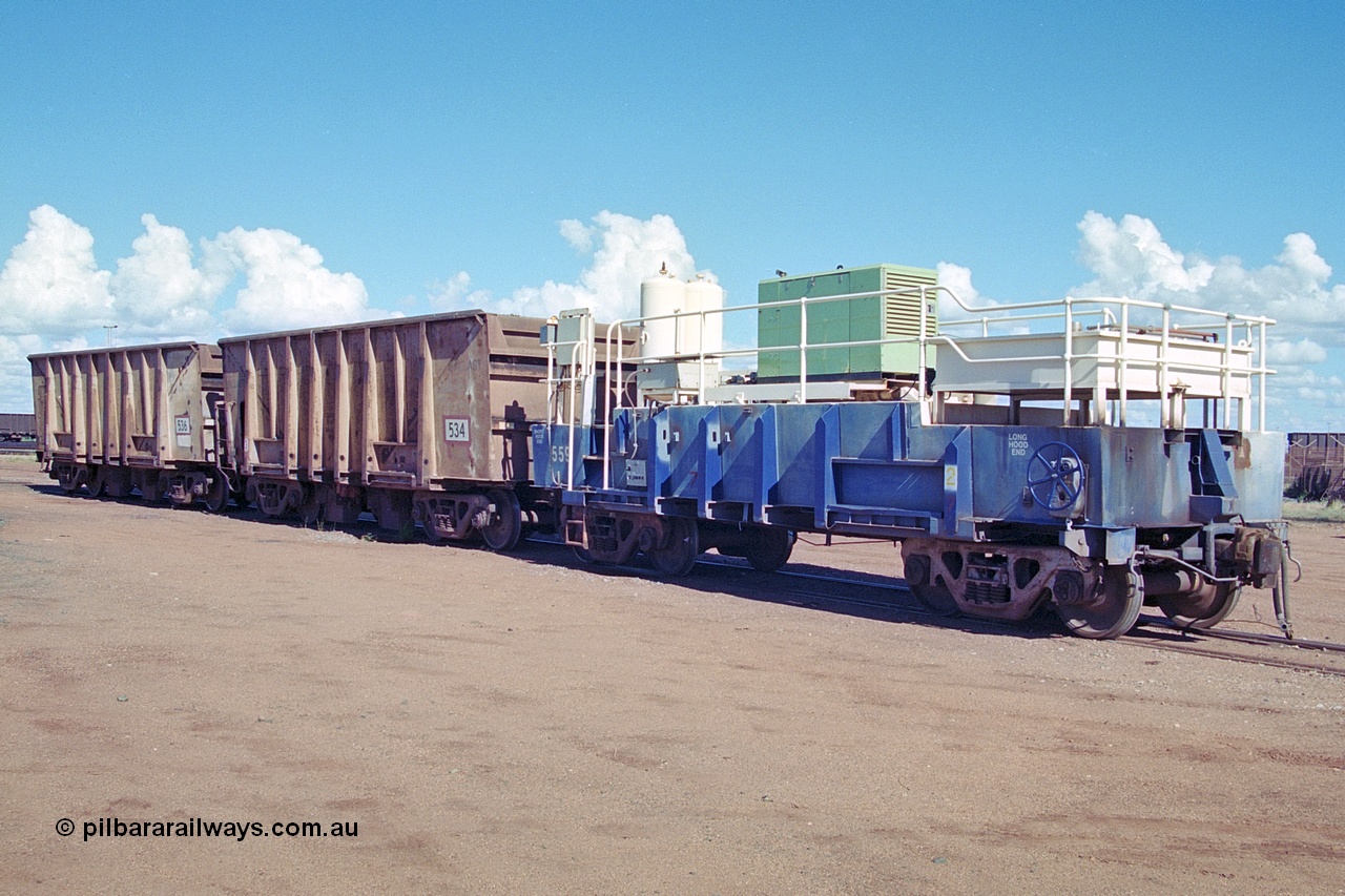 251-29
Nelson Point hard stand area has the compressor waggon 559 off compressor set 7 and two ballast waggons 534 and 536. All three waggons are modified from the original Oroville Dam ore waggons built by Magor USA. 22nd April 2000.
Keywords: Magor-USA;BHP-compressor-waggon;