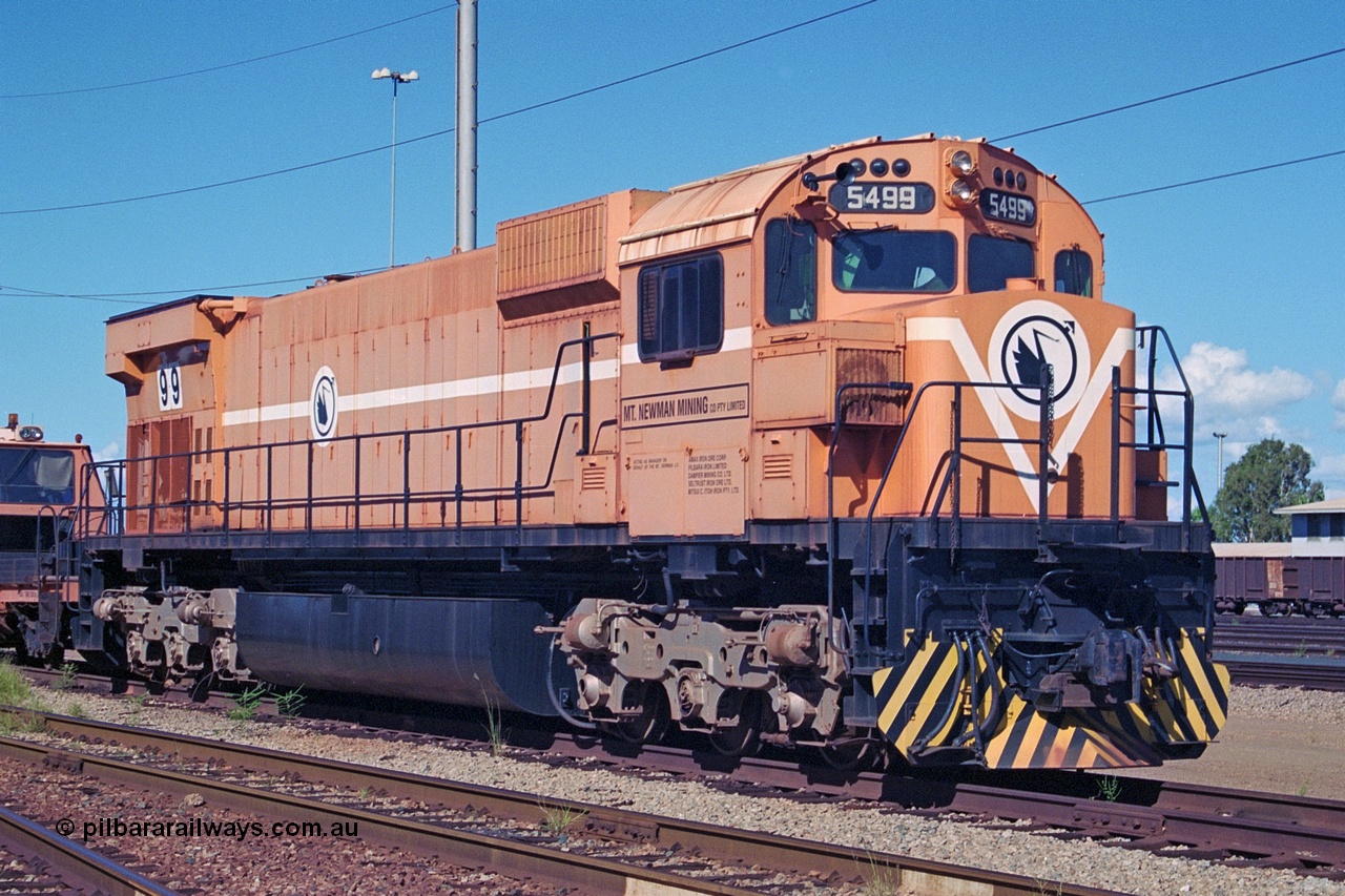 251-31
Nelson Point, the final ALCo on the BHP roster, 5499 sits stored pending its future. Built by Comeng NSW in November 1975 as an ALCo M636 with serial number C6096-04. The unit was intended to be donated to Thursday Island, but this didn't eventuate due to logistical reasons. It is now at the Rail Heritage WA museum in Bassendean. 22nd April 2000.
Keywords: 5499;Comeng-NSW;ALCo;M636;C6096-4;