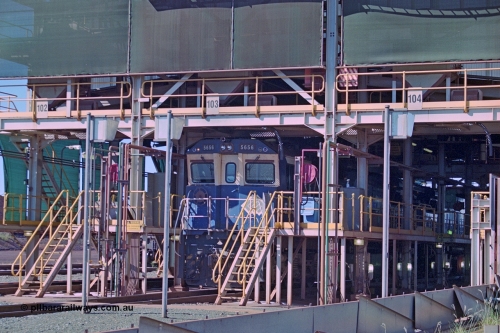 251-16
Nelson Point, the South Yard 'prep shed' located on the dumper exit roads 102, 103 and, 104. Goninan GE rebuild unit 5656 a CM40-8M unit with serial number 8412-01 / 94-147 sits on shed with a sister units. This facility was used to service and fuel locomotives while their respective waggon rakes were being tipped through the car dumpers. 22nd April 2000.
Keywords: 5656;Goninan;GE;CM40-8M;8412-01/94-147;rebuild;Comeng-NSW;ALCo;M636C;5494;C6084-10;