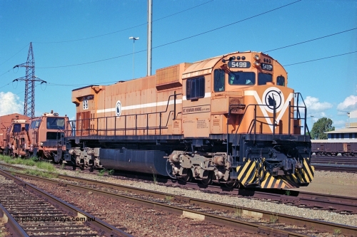 251-32
Nelson Point, the final ALCo on the BHP roster, 5499 sits stored pending its future. Built by Comeng NSW in November 1975 as an ALCo M636 with serial number C6096-04. The unit was intended to be donated to Thursday Island, but this didn't eventuate due to logistical reasons. It is now at the Rail Heritage WA museum in Bassendean. 22nd April 2000.
Keywords: 5499;Comeng-NSW;MLW-ALCo;M636;C6096-4;