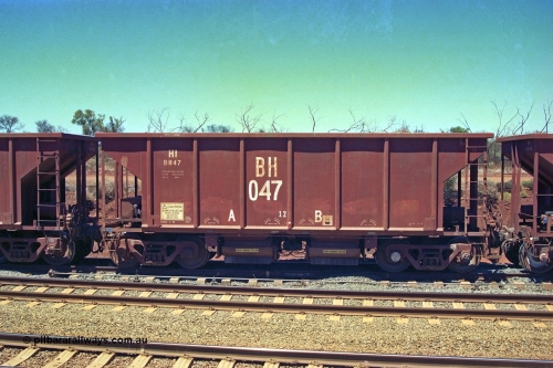 252-01
Cockatoo Siding 273 km on the Hamersley Iron line to Yandi, National Steel Car Company of Canada built ballast hopper waggon BH 047 built in January 1971. A batch of twenty were built for Hamersley Iron. Location is roughly [url=https://goo.gl/maps/gNdgoAj6uJoYb2q36]here[/url]. 24th November 2001.
Keywords: BH-type;BH047;National-Steel-Car-Canada;Rio-ballast-waggon;