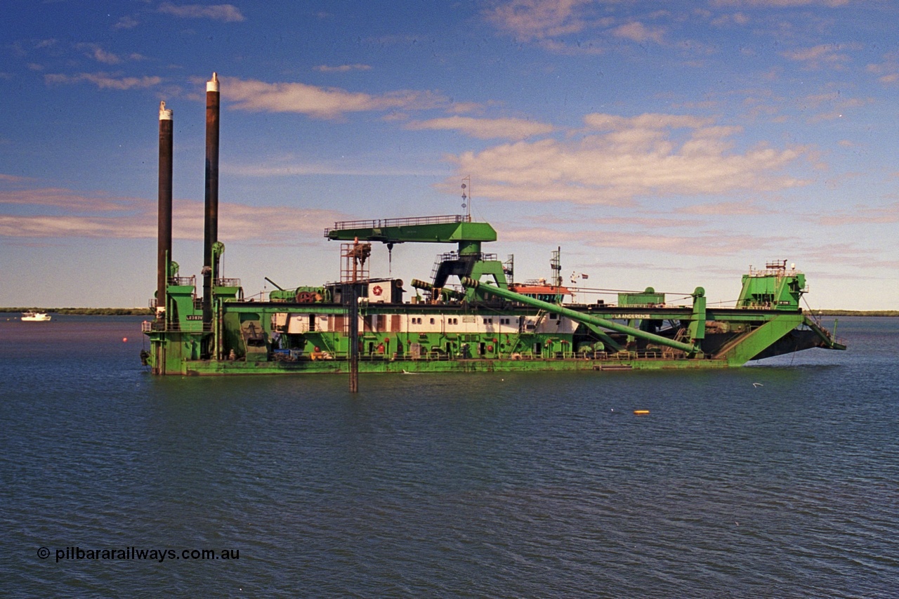 253-08
Port Hedland harbour sees the suction / cutter dredge Vlaanderen XI with IMO #7712080. The Vlaanderen XI was originally built in 1978 by IHC Dredgers with yard number 1108 and originally named New Amsterdam, named the Vlaanderen XI in 1986, renamed again in 2007 to Kaveri and again to Huta 15 in 2014.
