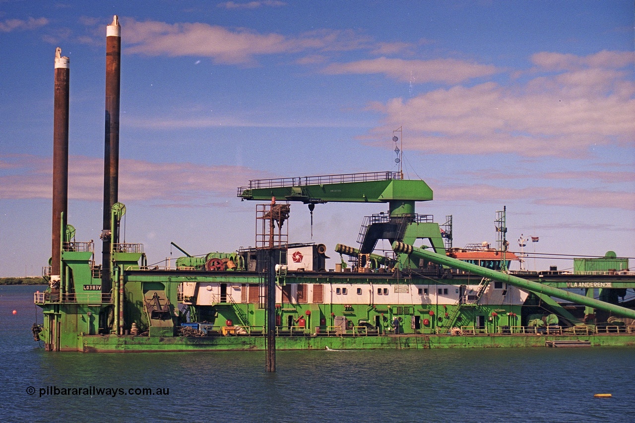 253-10
Port Hedland harbour sees the suction / cutter dredge Vlaanderen XI with IMO #7712080. The Vlaanderen XI was originally built in 1978 by IHC Dredgers with yard number 1108 and originally named New Amsterdam, named the Vlaanderen XI in 1986, renamed again in 2007 to Kaveri and again to Huta 15 in 2014.
