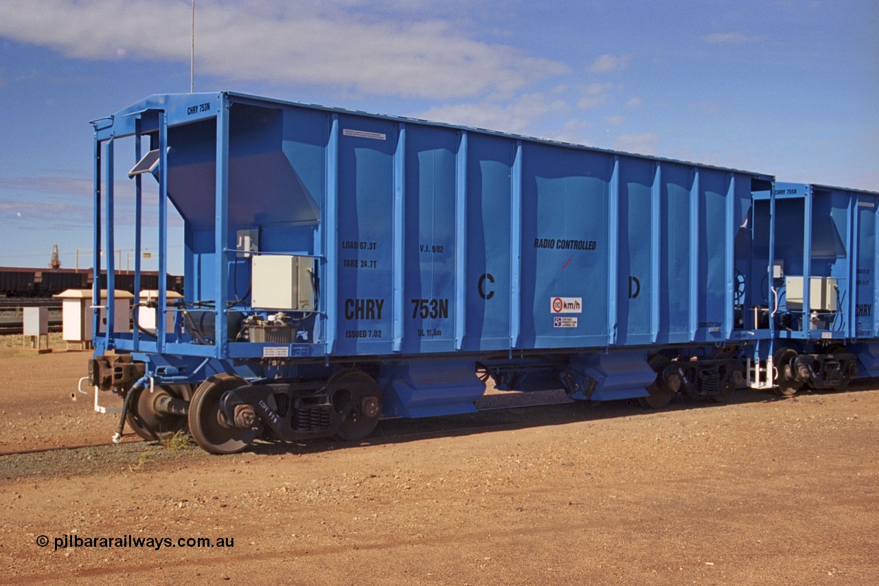 253-21
Nelson Point hard stand, CFCLA CHRY type ballast hopper waggon CHRY 753.
Keywords: CHRY-type;CHRY753;CFCLA;CRDX-type;BHP-ballast-waggon;