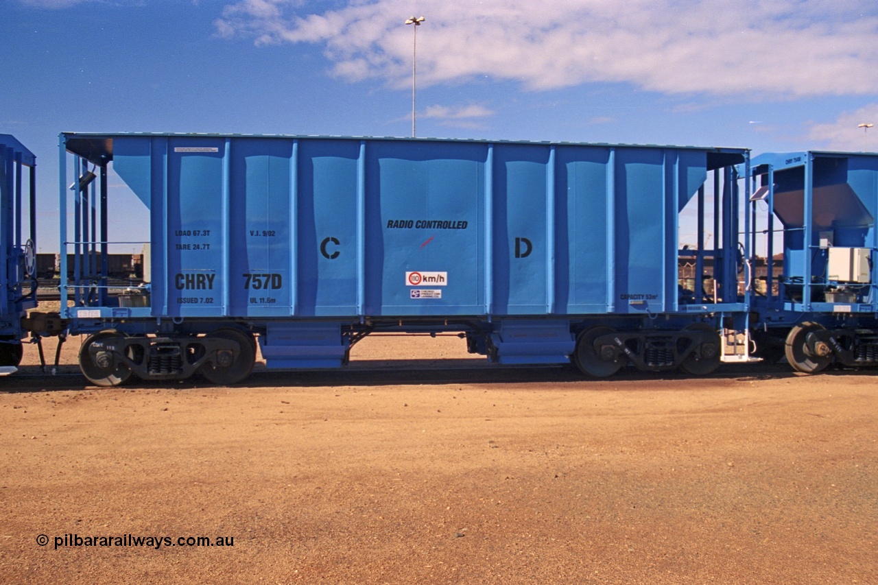 253-27
Nelson Point hard stand, CFCLA CHRY type ballast hopper waggon CHRY 757.
Keywords: CHRY-type;CHRY757;CFCLA;CRDX-type;BHP-ballast-waggon;