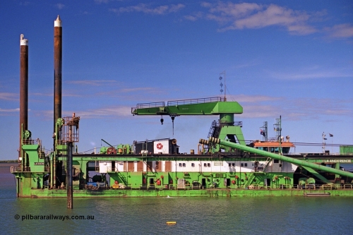 253-15
Port Hedland harbour sees the suction / cutter dredge Vlaanderen XI with IMO #7712080. The Vlaanderen XI was originally built in 1978 by IHC Dredgers with yard number 1108 and originally named New Amsterdam, named the Vlaanderen XI in 1986, renamed again in 2007 to Kaveri and again to Huta 15 in 2014.
