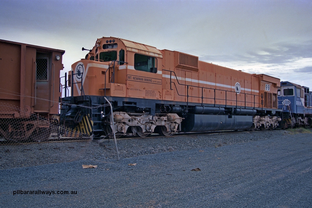 254-17
Flash Butt yard, stored Mt Newman Mining 5499 was the last active ALCo on the BHP roster. Built in November 1975 by Comeng NSW as an ALCo M636 model with serial number C6065-4. Unit was donated to Rail Heritage WA in 2001.
Keywords: 5499;Comeng-NSW;ALCo;M636;C6096-4;