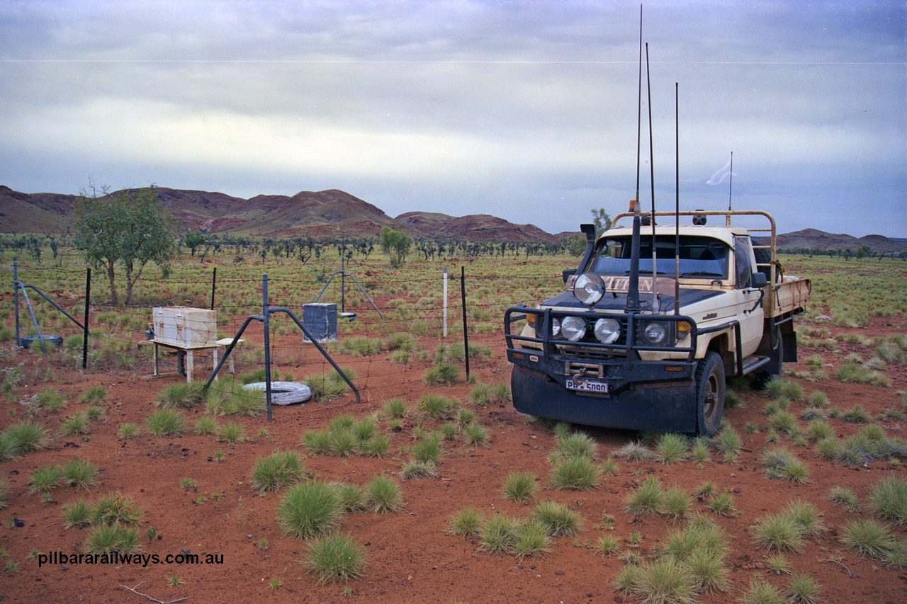 254-30
Nunyerry weather station, located beside an abandoned landing strip. Chrysotile or white asbestos was originally mined in this area by Hanwright in the 1950s. GeoData [url=https://goo.gl/maps/6ng9zbKew1qGjwcs7]location here[/url]. September 2001.
