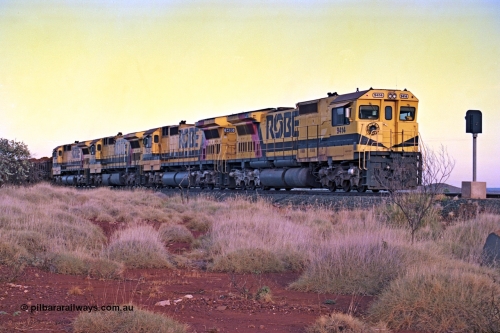256-15
Maitland Siding, early morning loaded train waiting for a meet with an empty behind the quad CM40-8M working of 9414, 9420, 9410 and 9425. May 2002.
Keywords: 9414;Goninan;GE;CM40-8M;8206-11/91-124;rebuild;AE-Goodwin;ALCo;M636;G6060-5;