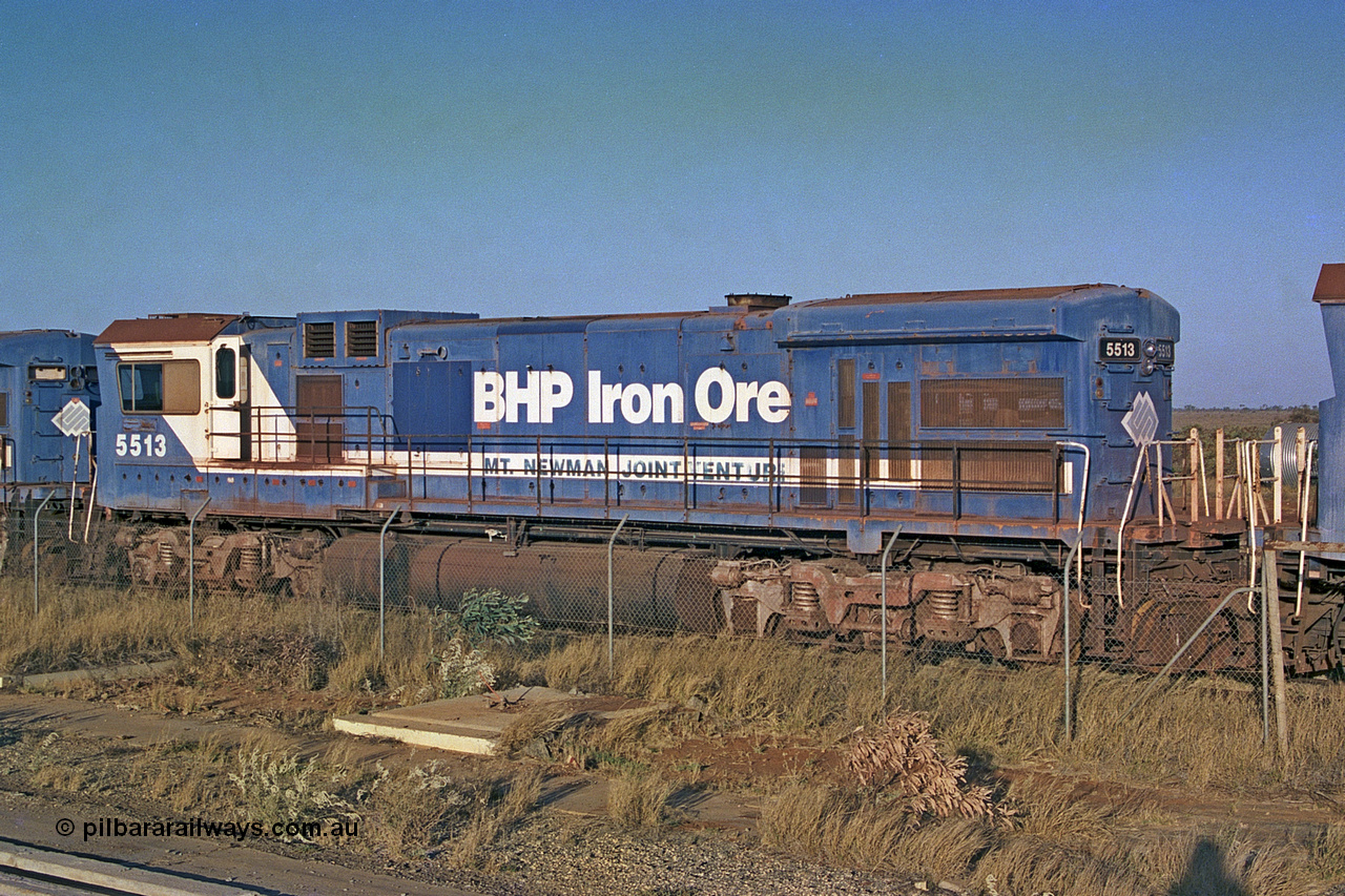 257-00
Flash Butt yard BHP's stored Goninan WA ALCo C636 to GE C36-7M rebuild unit 5513 awaits its fate. Rebuilt in 1988 at Goninan's Welshpool factory from a 1970 AE Goodwin built ALCo C636 with serial number G6012-2 and road number 5453 and assigned new serial number 4839-02 / 88-078. It was delivered in Mount Newman Mining orange and was named Kalgan. Late 2001.
Keywords: 5513;Goninan;GE;C36-7M;4839-02/88-078;rebuild;AE-Goodwin;ALCo;C636;5453;G6012-2;