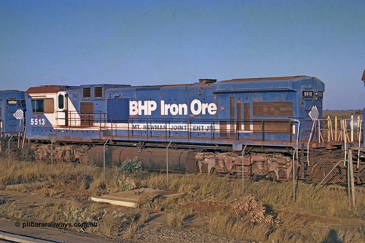 257-01
Flash Butt yard BHP's stored Goninan WA ALCo C636 to GE C36-7M rebuild unit 5513 awaits its fate. Rebuilt in 1988 at Goninan's Welshpool factory from a 1970 AE Goodwin built ALCo C636 with serial number G6012-2 and road number 5453 and assigned new serial number 4839-02 / 88-078. It was delivered in Mount Newman Mining orange and was named Kalgan. Late 2001.
Keywords: 5513;Goninan;GE;C36-7M;4839-02/88-078;rebuild;AE-Goodwin;ALCo;C636;5453;G6012-2