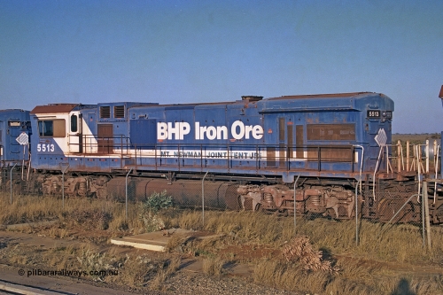 257-01
Flash Butt yard BHP's stored Goninan WA ALCo C636 to GE C36-7M rebuild unit 5513 awaits its fate. Rebuilt in 1988 at Goninan's Welshpool factory from a 1970 AE Goodwin built ALCo C636 with serial number G6012-2 and road number 5453 and assigned new serial number 4839-02 / 88-078. It was delivered in Mount Newman Mining orange and was named Kalgan. Late 2001.
Keywords: 5513;Goninan;GE;C36-7M;4839-02/88-078;rebuild;AE-Goodwin;ALCo;C636;5453;G6012-2;