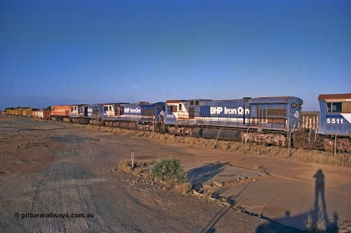 257-04
Flash Butt yard BHP's stored Goninan WA ALCo C636 to GE C36-7M rebuild unit 5512 awaits its fate. Rebuilt in 1988 at Goninan's Welshpool factory from a 1970 AE Goodwin built ALCo C636 with serial number G6041-1 and road number 5455 and assigned new serial number 4839-01 / 88-077. It was delivered in Mount Newman Mining orange and was named Hesta. Late 2001.
Keywords: 5512;Goninan;GE;C36-7M;4839-01/88-077;rebuild'AE-Goodwin;ALCo;C636;5465;G6041-1;