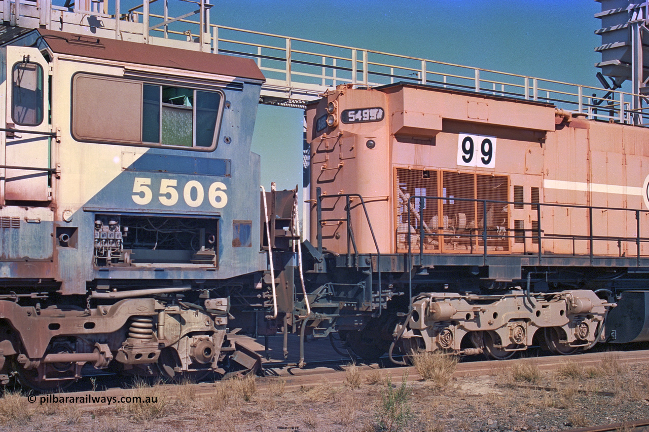 258-21
Nelson Point, old Loco Prep, Mt Newman Mining's last in-service ALCo M636 unit 5499 serial C6096-4 built by Comeng NSW sits awaiting partial dismantling before being sent by road to Rail Heritage WA's museum at Bassendean, Perth for preservation. May 2002.
Keywords: 5499;Comeng-NSW;MLW-ALCo;M636;C6096-4;