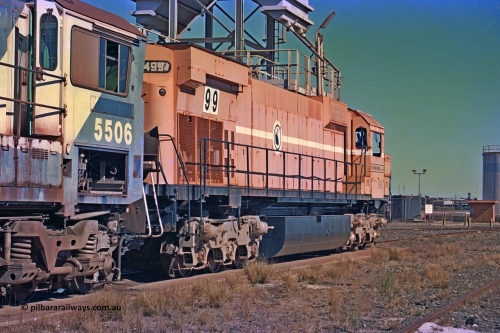 258-15
Nelson Point, old Loco Prep, Mt Newman Mining's last in-service ALCo M636 unit 5499 serial C6096-4 built by Comeng NSW sits awaiting partial dismantling before being sent by road to Rail Heritage WA's museum at Bassendean, Perth for preservation. May 2002.
Keywords: 5499;Comeng-NSW;MLW-ALCo;M636;C6096-4;