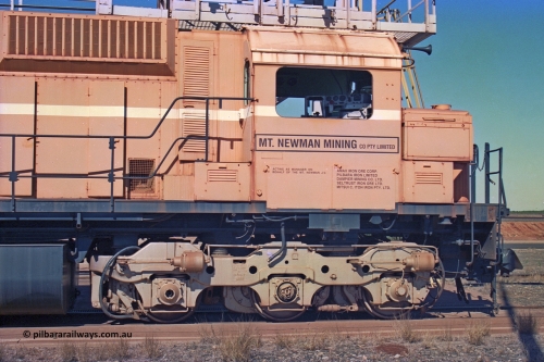 258-23
Nelson Point, old Loco Prep, Mt Newman Mining's last in-service ALCo M636 unit 5499 serial C6096-4 built by Comeng NSW sits awaiting partial dismantling before being sent by road to Rail Heritage WA's museum at Bassendean, Perth for preservation. May 2002.
Keywords: 5499;Comeng-NSW;MLW-ALCo;M636;C6096-4;
