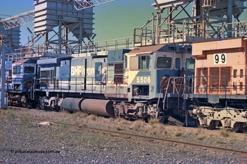 258-26
Nelson Point, old Loc Prep. Goninan GE rebuild C36-7M unit 5506 serial 4839-01 / 87-071 is waiting to be removed from site bound for Asset Kinetics in Maddington, Perth. Drivers cab side view. 5506 was rebuilt from NSW AE Goodwin built C636 ALCo number 5455 serial G6012-04 and was delivered in Mt Newman orange livery and originally named 'Mt Whaleback', after repainting into BHP blue was named 'Ethel Creek', then finally 'Mt Goldsworthy'. May 2002.
Keywords: 5506;Goninan;GE;C36-7M;4839-01/87-071;rebuild;AE-Goodwin;ALCo;C636;5455;G6012-4;