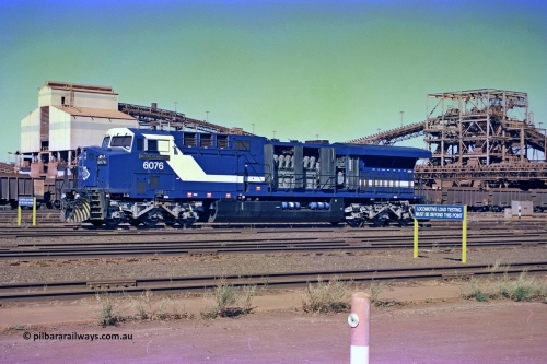 258-27
Nelson Point, Loco Overhaul Shop, General Electric built AC6000 locomotive 6076 'Mt Goldsworthy' serial 51068. Early May 2002.
Keywords: 6076;GE;AC6000;51068;