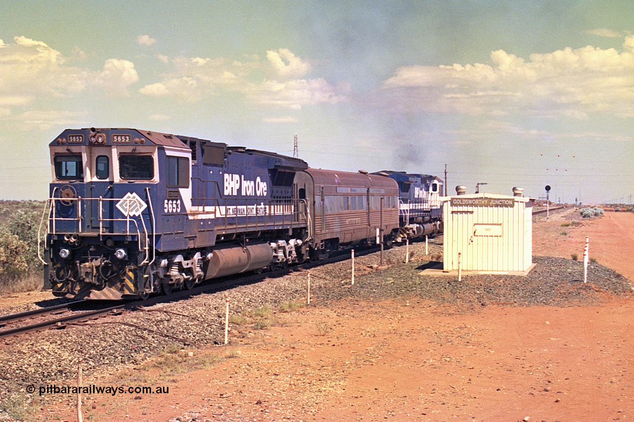 267-24
Goldsworthy Junction, CM40-8M GE rebuild unit 5653 'Chiba' serial number 8412-10 / 93-144 trails sister unit 5634 as 5634 turns on the power as it passes Goldsworthy Junction relay room and continues along the Newman Mainline with the Sundowner Special. Friday 12th of April 2002.
Keywords: 5653;Goninan;GE;CM40-8M;8412-10/93-144;rebuild;AE-Goodwin;ALCo;M636C;5484;G6061-5;