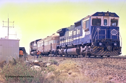 267-36
At the 39 km detection site with the Alstom 25-year service agreement special, BHP Iron Ore's Goninan GE rebuild CM40-8M unit 5634 'Boodarie' serial number 8151-07 / 91-120 stands on the Newman mainline with the train as the party alight for an inspection of the site.Friday April 12, 2002.
Keywords: 5634;Goninan;GE;CM40-8M;8151-07/91-120;rebuild;AE-Goodwin;ALCo;C636;5457;G6027-1;