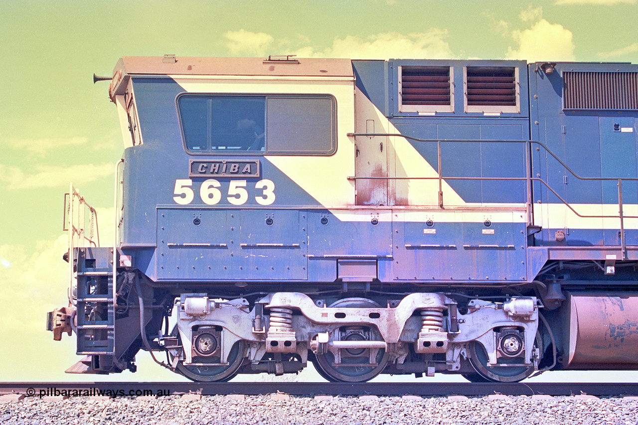 268-15
At the 39 km detection site with the Alstom 25-year service agreement special, BHP Iron Ore's Goninan GE rebuild CM40-8M unit 5653 'Chiba' serial number 8412-10 / 93-144 stands on the Newman mainline with The Sundowner and 5634 on the rear of the train as the party conducts an inspection of the site. Friday 12th of April 2002.
Keywords: 5653;Goninan;GE;CM40-8M;8412-10/93-144;rebuild;AE-Goodwin;ALCo;M636C;5484;G6061-5;