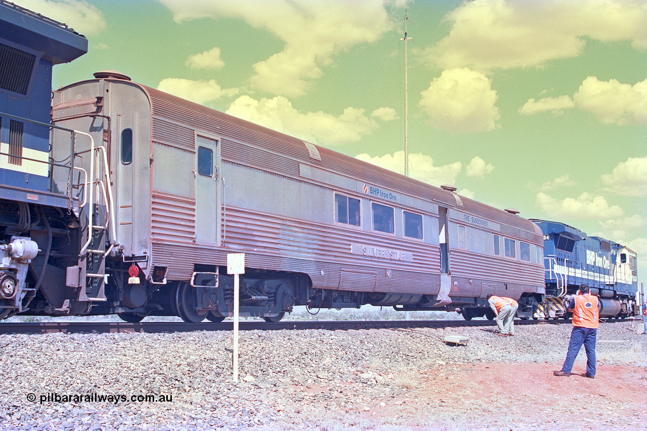 268-16
At the 39 km detection site with the Alstom 25-year special, the Sundowner coach, originally built by E. G. Budd in 1939 numbered 301 as the Silver Star, a diner-parlour-observation coach on the Chicago, Burlington and Quincy Railroad's General Pershing Zephyr train from the 1930s and 1940s. Donated to Mt Newman Mining Co. by AMAX an original joint venture partner to commemorate the projects first 100 million tonnes of iron ore railed between Mount Whaleback mine and the Port Hedland port. 12th of April 2002.
Keywords: Silver-Star;EG-Budd;Sundowner;General-Pershing-Zephyr;301;