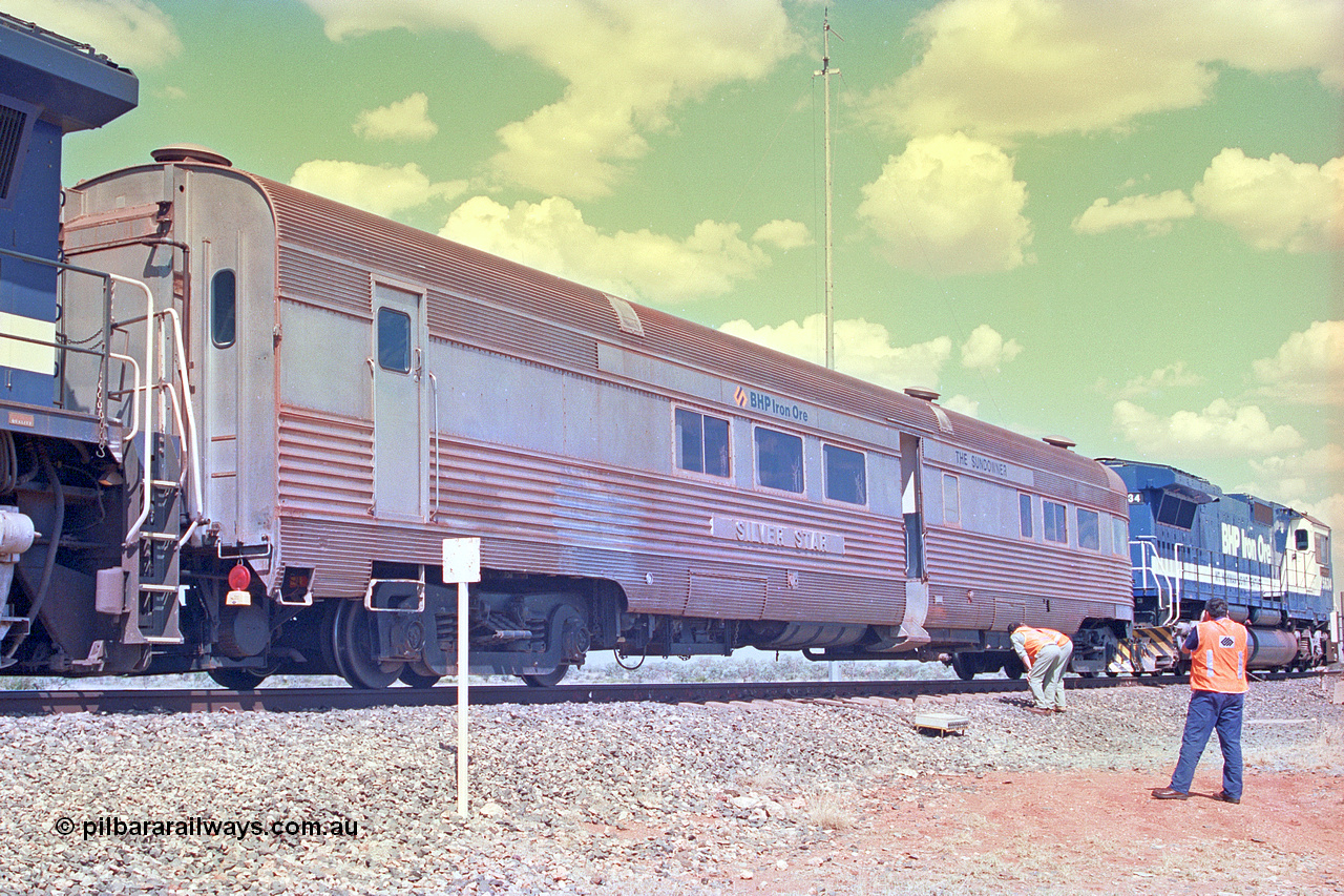 268-17
At the 39 km detection site with the Alstom 25-year special, the Sundowner coach, originally built by E. G. Budd in 1939 numbered 301 as the Silver Star, a diner-parlour-observation coach on the Chicago, Burlington and Quincy Railroad's General Pershing Zephyr train from the 1930s and 1940s. Donated to Mt Newman Mining Co. by AMAX an original joint venture partner to commemorate the projects first 100 million tonnes of iron ore railed between Mount Whaleback mine and the Port Hedland port. 12th of April 2002.
Keywords: Silver-Star;EG-Budd;Sundowner;General-Pershing-Zephyr;301;