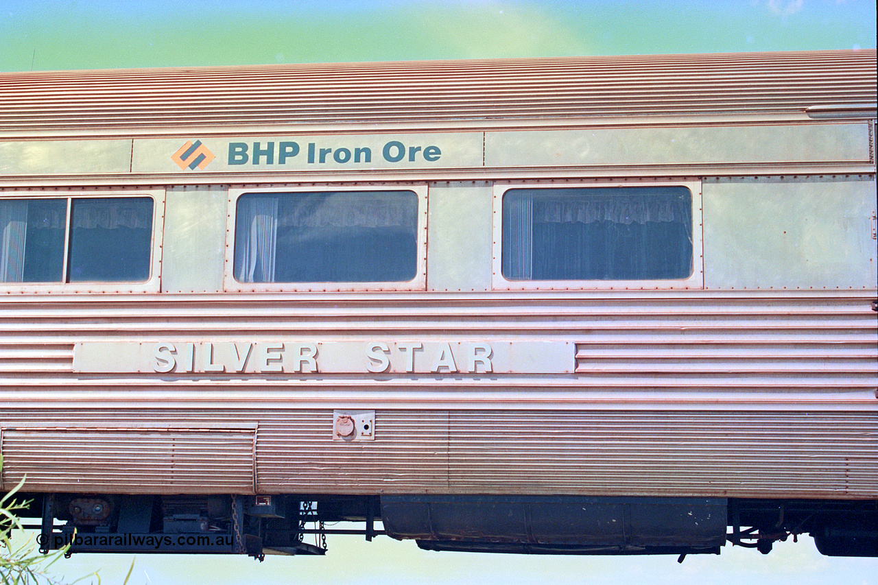 268-20
At the 39 km detection site with the Alstom 25-year special, the Sundowner coach, originally built by E. G. Budd in 1939 numbered 301 as the Silver Star, a diner-parlour-observation coach on the Chicago, Burlington and Quincy Railroad's General Pershing Zephyr train from the 1930s and 1940s. Donated to Mt Newman Mining Co. by AMAX an original joint venture partner to commemorate the projects first 100 million tonnes of iron ore railed between Mount Whaleback mine and the Port Hedland port. 12th of April 2002.
Keywords: Silver-Star;EG-Budd;Sundowner;General-Pershing-Zephyr;301;