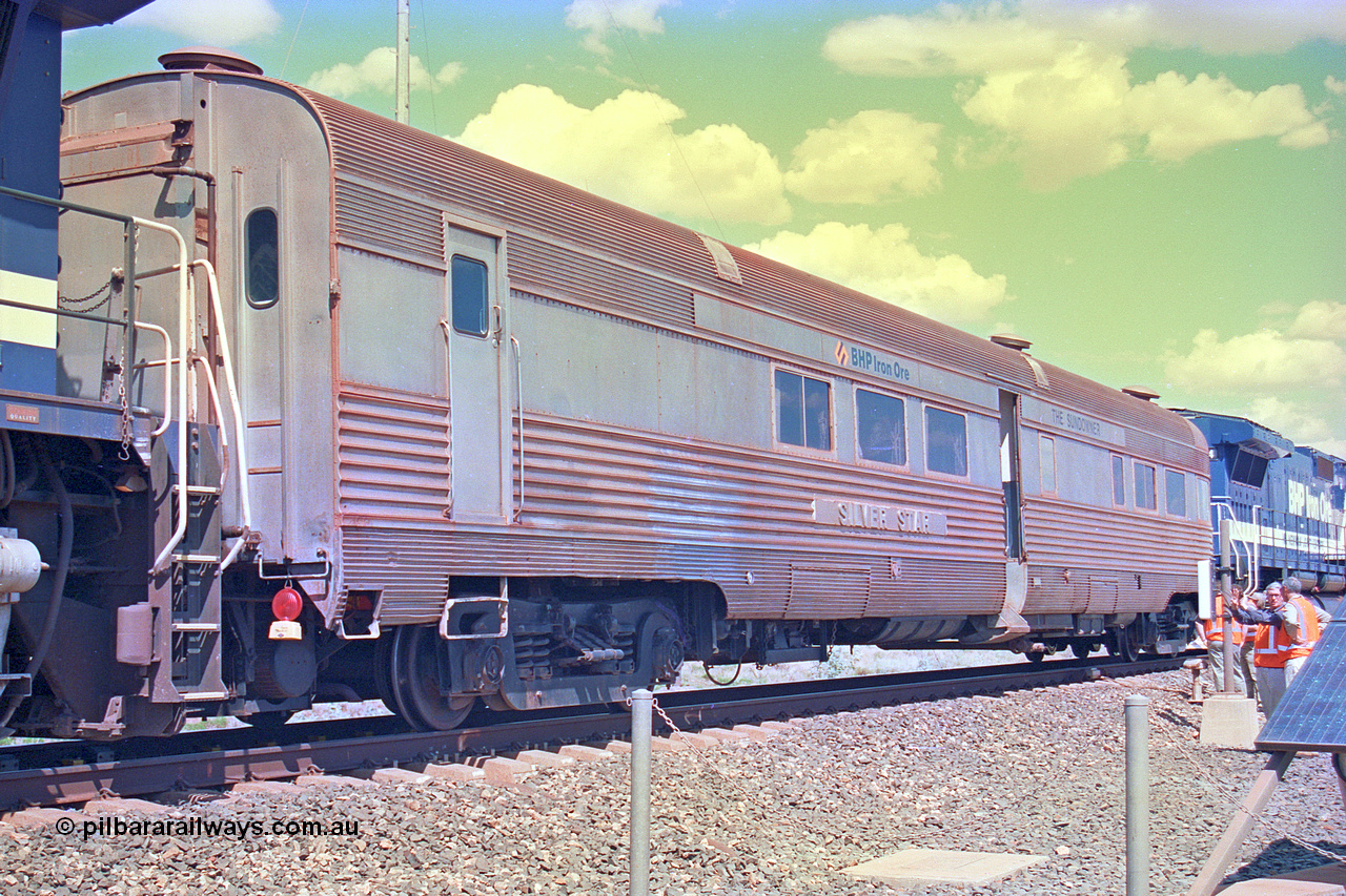 268-25
At the 39 km detection site with the Alstom 25-year special, the Sundowner coach, originally built by E. G. Budd in 1939 numbered 301 as the Silver Star, a diner-parlour-observation coach on the Chicago, Burlington and Quincy Railroad's General Pershing Zephyr train from the 1930s and 1940s. Donated to Mt Newman Mining Co. by AMAX an original joint venture partner to commemorate the projects first 100 million tonnes of iron ore railed between Mount Whaleback mine and the Port Hedland port. 12th of April 2002.
Keywords: Silver-Star;EG-Budd;Sundowner;General-Pershing-Zephyr;301;