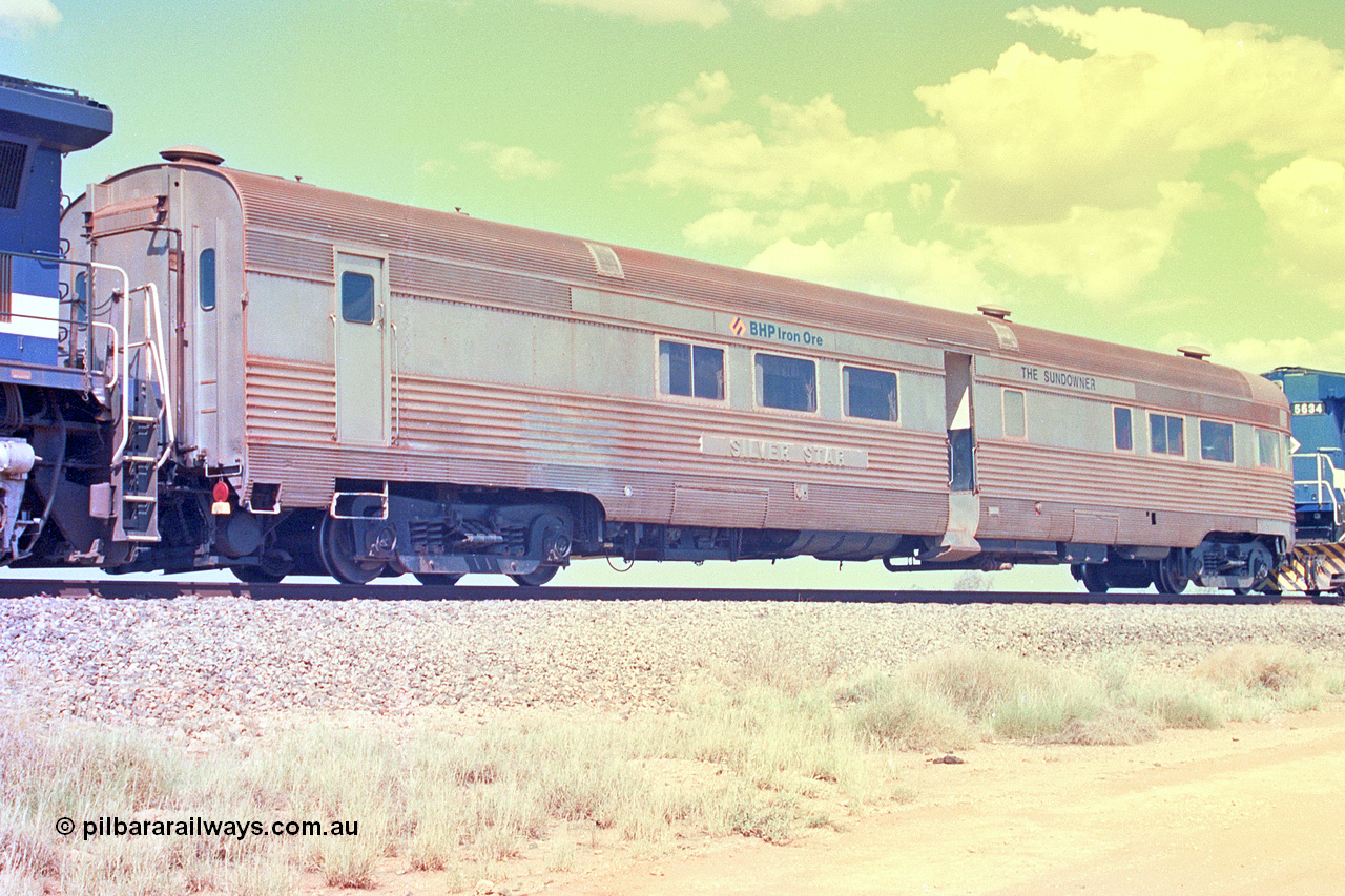 268-34
At the 39 km detection site with the Alstom 25-year special, view from the No. 1 End of the Sundowner coach, originally built by E. G. Budd in 1939 numbered 301 as the Silver Star, a diner-parlour-observation coach on the Chicago, Burlington and Quincy Railroad's General Pershing Zephyr train from the 1930s and 1940s. Donated to Mt Newman Mining Co. by AMAX an original joint venture partner to commemorate the projects first 100 million tonnes of iron ore railed between Mount Whaleback mine and the Port Hedland port. 12th of April 2002.
Keywords: Silver-Star;EG-Budd;Sundowner;General-Pershing-Zephyr;301;