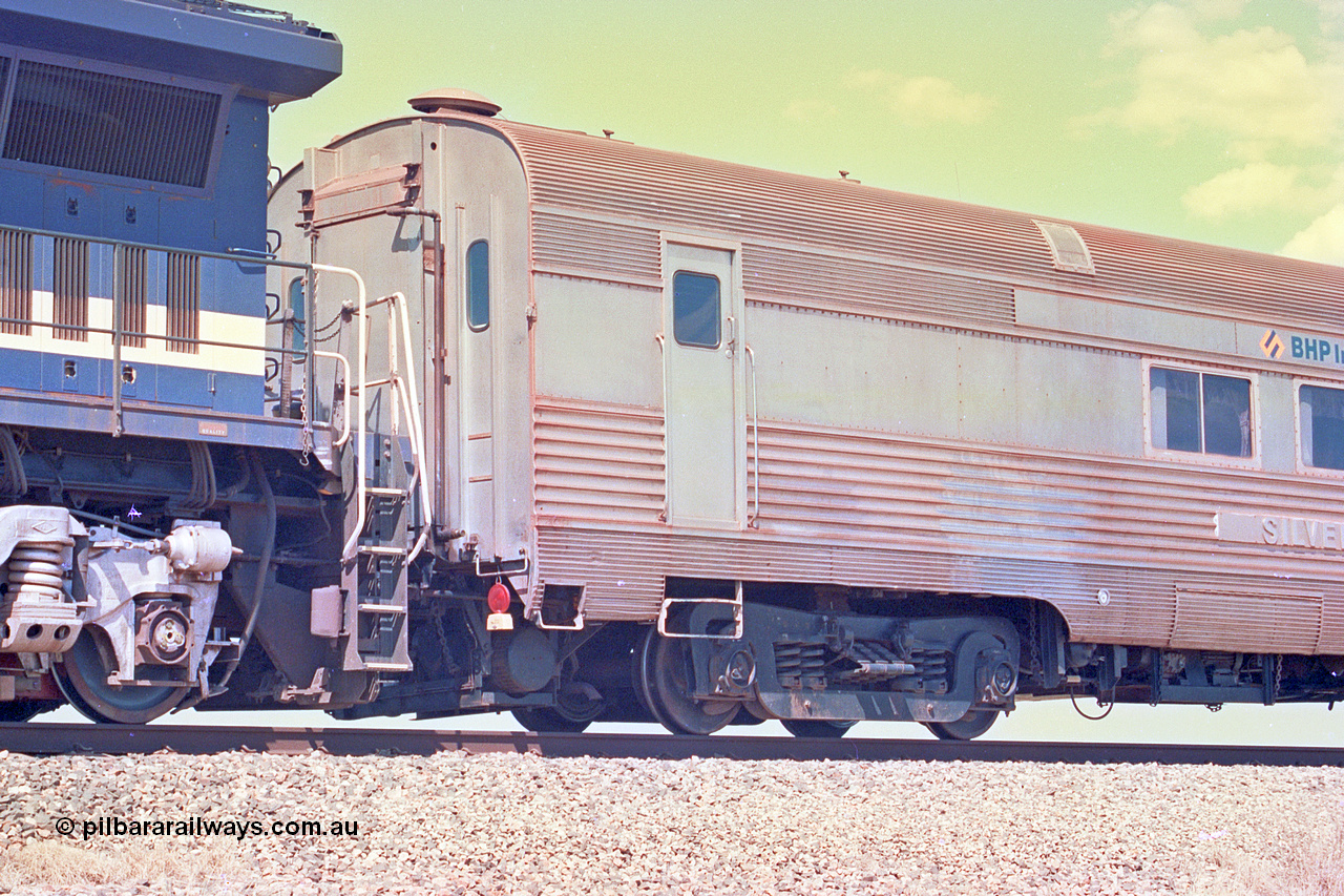 268-35
At the 39 km detection site with the Alstom 25-year special, the Sundowner coach, originally built by E. G. Budd in 1939 numbered 301 as the Silver Star, a diner-parlour-observation coach on the Chicago, Burlington and Quincy Railroad's General Pershing Zephyr train from the 1930s and 1940s. Donated to Mt Newman Mining Co. by AMAX an original joint venture partner to commemorate the projects first 100 million tonnes of iron ore railed between Mount Whaleback mine and the Port Hedland port. 12th of April 2002.
Keywords: Silver-Star;EG-Budd;Sundowner;General-Pershing-Zephyr;301;