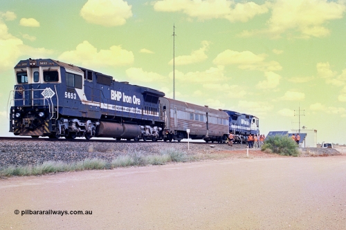 268-03
At the 39 km detection site with the Alstom 25-year service agreement special, BHP Iron Ore's Goninan GE rebuild CM40-8M unit 5653 'Chiba' serial number 8412-10 / 93-144 stands on the Newman mainline with The Sundowner and 5634 on the rear of the train as the party conducts an inspection of the site. Friday April 12, 2002.
Keywords: 5653;Goninan;GE;CM40-8M;8412-10/93-144;rebuild;AE-Goodwin;ALCo;M636C;5484;G6061-5;