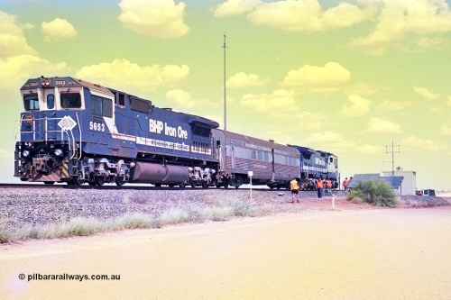 268-07
At the 39 km detection site with the Alstom 25-year service agreement special, BHP Iron Ore's Goninan GE rebuild CM40-8M unit 5653 'Chiba' serial number 8412-10 / 93-144 stands on the Newman mainline with The Sundowner and 5634 on the rear of the train as the party conducts an inspection of the site. Friday April 12, 2002.
Keywords: 5653;Goninan;GE;CM40-8M;8412-10/93-144;rebuild;AE-Goodwin;ALCo;M636C;5484;G6061-5;