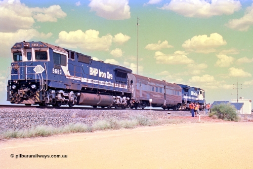 268-11
At the 39 km detection site with the Alstom 25-year service agreement special, BHP Iron Ore's Goninan GE rebuild CM40-8M unit 5653 'Chiba' serial number 8412-10 / 93-144 stands on the Newman mainline with The Sundowner and 5634 on the rear of the train as the party conducts an inspection of the site. Friday April 12, 2002.
Keywords: 5653;Goninan;GE;CM40-8M;8412-10/93-144;rebuild;AE-Goodwin;ALCo;M636C;5484;G6061-5;