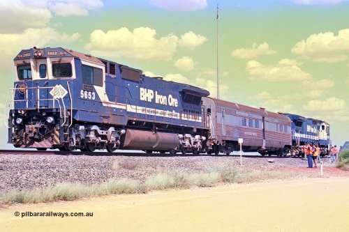 268-12
At the 39 km detection site with the Alstom 25-year service agreement special, BHP Iron Ore's Goninan GE rebuild CM40-8M unit 5653 'Chiba' serial number 8412-10 / 93-144 stands on the Newman mainline with The Sundowner and 5634 on the rear of the train as the party conducts an inspection of the site. Friday April 12, 2002.
Keywords: 5653;Goninan;GE;CM40-8M;8412-10/93-144;rebuild;AE-Goodwin;ALCo;M636C;5484;G6061-5;