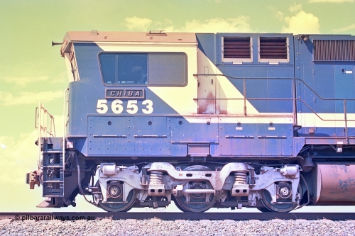 268-15
At the 39 km detection site with the Alstom 25-year service agreement special, BHP Iron Ore's Goninan GE rebuild CM40-8M unit 5653 'Chiba' serial number 8412-10 / 93-144 stands on the Newman mainline with The Sundowner and 5634 on the rear of the train as the party conducts an inspection of the site. Friday April 12, 2002.
Keywords: 5653;Goninan;GE;CM40-8M;8412-10/93-144;rebuild;AE-Goodwin;ALCo;M636C;5484;G6061-5;