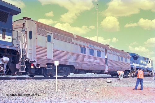 268-16
At the 39 km detection site with the Alstom 25-year special, the Sundowner coach, originally built by E. G. Budd in 1939 numbered 301 as the Silver Star, a diner-parlour-observation coach on the Chicago, Burlington and Quincy Railroad's General Pershing Zephyr train from the 1930s and 1940s. Donated to Mt Newman Mining Co. by AMAX an original joint venture partner to commemorate the projects first 100 million tonnes of iron ore railed between Mount Whaleback mine and the Port Hedland port. April 12, 2002.
Keywords: Silver-Star;EG-Budd;Sundowner;General-Pershing-Zephyr;301;