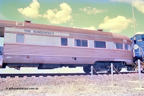 268-19
At the 39 km detection site with the Alstom 25-year special, the Sundowner coach, originally built by E. G. Budd in 1939 numbered 301 as the Silver Star, a diner-parlour-observation coach on the Chicago, Burlington and Quincy Railroad's General Pershing Zephyr train from the 1930s and 1940s. Donated to Mt Newman Mining Co. by AMAX an original joint venture partner to commemorate the projects first 100 million tonnes of iron ore railed between Mount Whaleback mine and the Port Hedland port. April 12, 2002.
Keywords: Silver-Star;EG-Budd;Sundowner;General-Pershing-Zephyr;301;