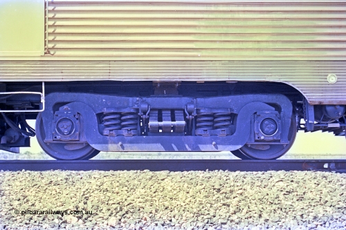 268-21
At the 39 km detection site with the Alstom 25-year special, the Sundowner coach, originally built by E. G. Budd in 1939 numbered 301 as the Silver Star, a diner-parlour-observation coach on the Chicago, Burlington and Quincy Railroad's General Pershing Zephyr train from the 1930s and 1940s. Donated to Mt Newman Mining Co. by AMAX an original joint venture partner to commemorate the projects first 100 million tonnes of iron ore railed between Mount Whaleback mine and the Port Hedland port. April 12, 2002.
Keywords: Silver-Star;EG-Budd;Sundowner;General-Pershing-Zephyr;301;