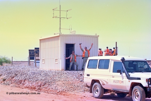 268-33
At the 39 km detection site, while the party learn about the operation of the detection equipment in the background, two of ALSTOM's 'hardest' workers, Peter Dickens and Peter Collins give a wave. Friday April 12, 2002.
Keywords: Silver-Star;EG-Budd;Sundowner;General-Pershing-Zephyr;301;