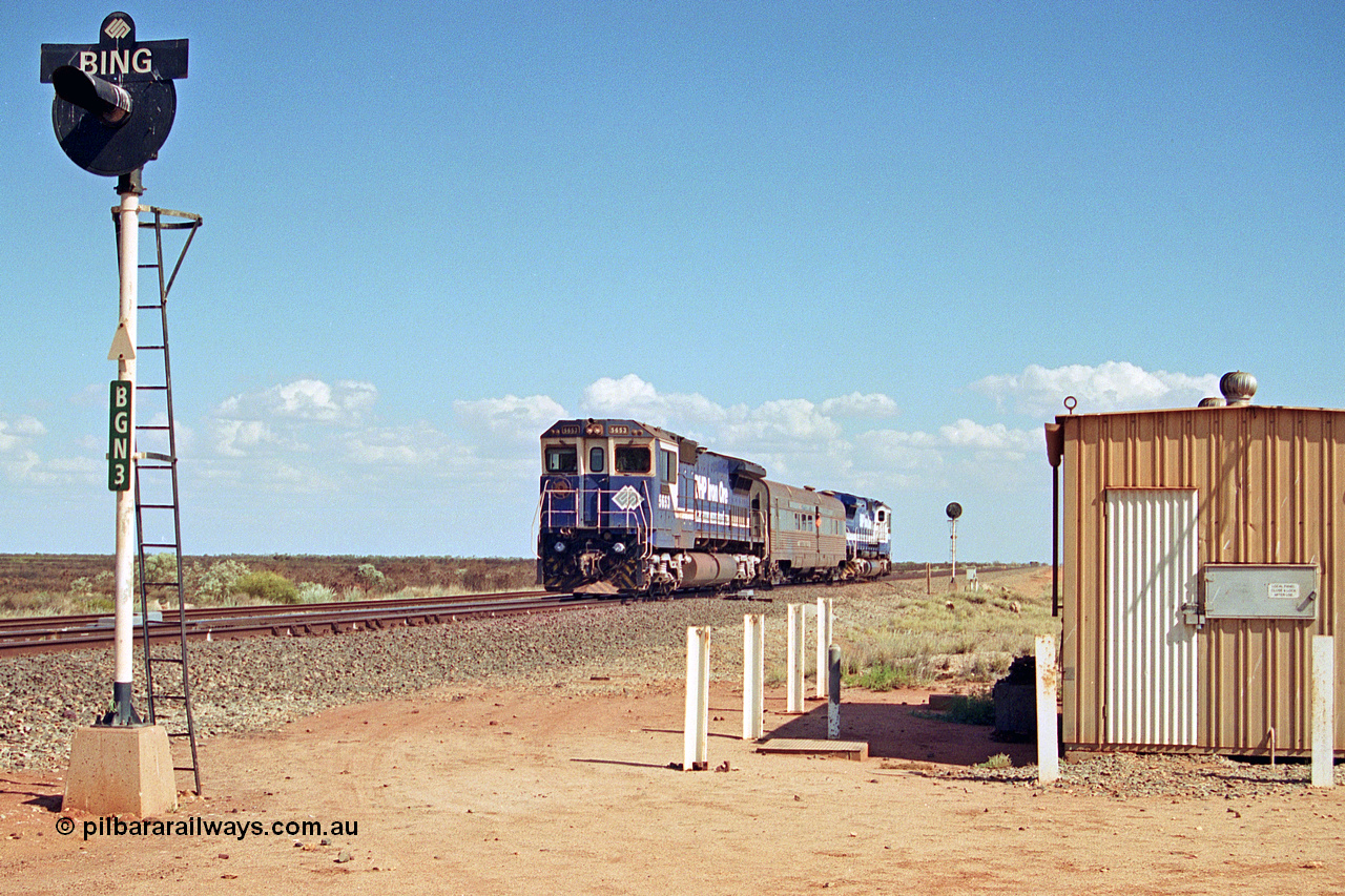 269-16
Bing North and the Alstom 25-year service agreement special led by BHP Iron Ore's Goninan GE rebuild CM40-8M unit 5653 'Chiba' serial number 8412-10 / 93-144 heads back to Nelson Point with The Sundowner and 5634 on the rear of the train. Friday 12th of April 2002.
Keywords: 5653;Goninan;GE;CM40-8M;8412-10/93-144;rebuild;AE-Goodwin;ALCo;M636C;5484;G6061-5;