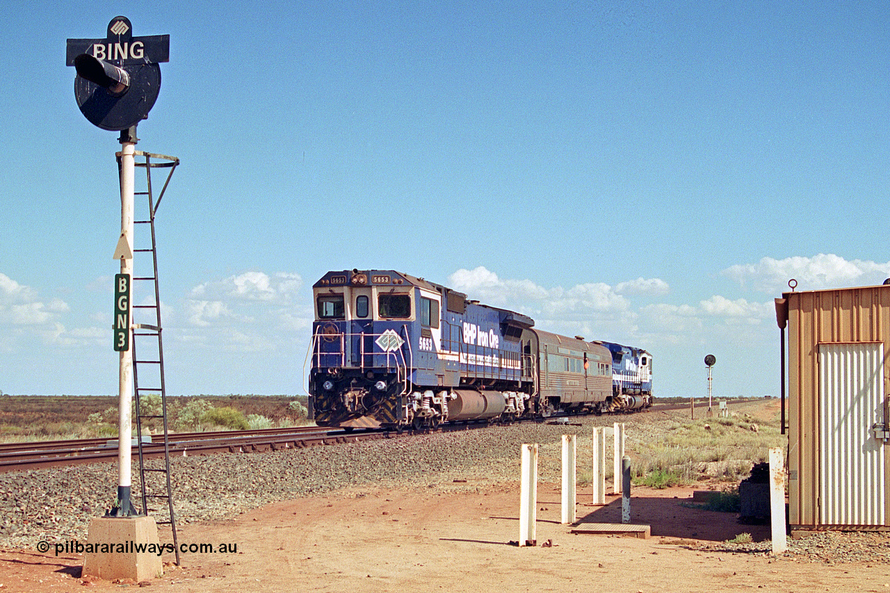 269-17
Bing North and the Alstom 25-year service agreement special led by BHP Iron Ore's Goninan GE rebuild CM40-8M unit 5653 'Chiba' serial number 8412-10 / 93-144 heads back to Nelson Point with The Sundowner and 5634 on the rear of the train. Friday 12th of April 2002.
Keywords: 5653;Goninan;GE;CM40-8M;8412-10/93-144;rebuild;AE-Goodwin;ALCo;M636C;5484;G6061-5;