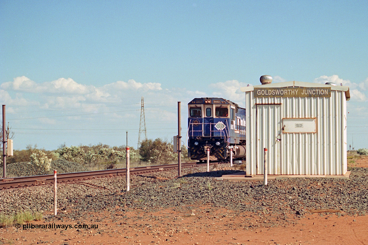 269-20
Goldsworthy Junction, and the Alstom 25-year service agreement special led by BHP Iron Ore's Goninan GE rebuild CM40-8M unit 5653 'Chiba' serial number 8412-10 / 93-144 heads back to Nelson Point with The Sundowner and 5634 on the rear of the train. Friday 12th of April 2002.
Keywords: 5653;Goninan;GE;CM40-8M;8412-10/93-144;rebuild;AE-Goodwin;ALCo;M636C;5484;G6061-5;