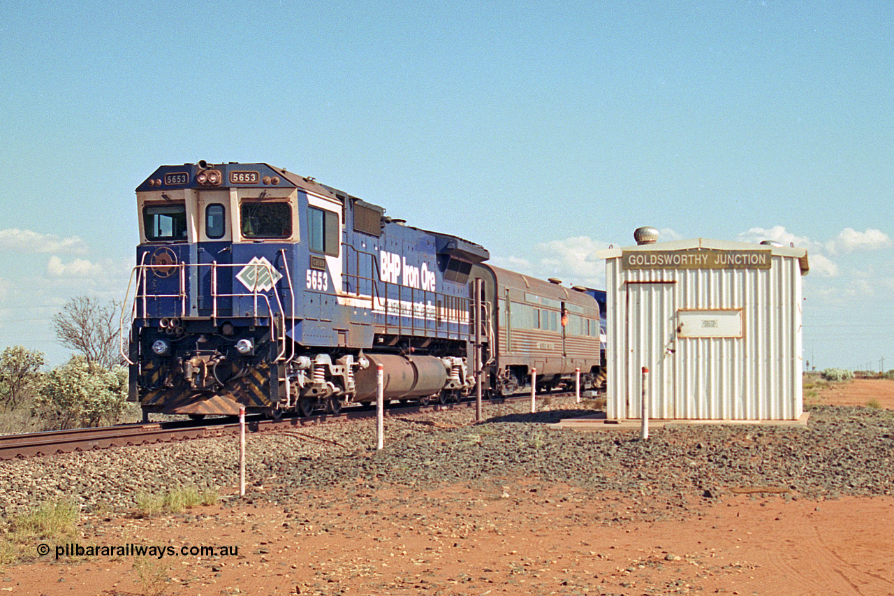 269-22
Goldsworthy Junction, and the Alstom 25-year service agreement special led by BHP Iron Ore's Goninan GE rebuild CM40-8M unit 5653 'Chiba' serial number 8412-10 / 93-144 heads back to Nelson Point with The Sundowner and 5634 on the rear of the train. Friday 12th of April 2002.
Keywords: 5653;Goninan;GE;CM40-8M;8412-10/93-144;rebuild;AE-Goodwin;ALCo;M636C;5484;G6061-5;