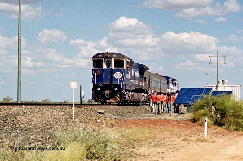 269-02
At the 39 km detection site with the Alstom 25-year service agreement special, BHP Iron Ore's Goninan GE rebuild CM40-8M unit 5653 'Chiba' serial number 8412-10 / 93-144 stands on the Newman mainline with The Sundowner and 5634 on the rear of the train as the party conducts an inspection of the site. Friday April 12, 2002.
Keywords: 5653;Goninan;GE;CM40-8M;8412-10/93-144;rebuild;AE-Goodwin;ALCo;M636C;5484;G6061-5;