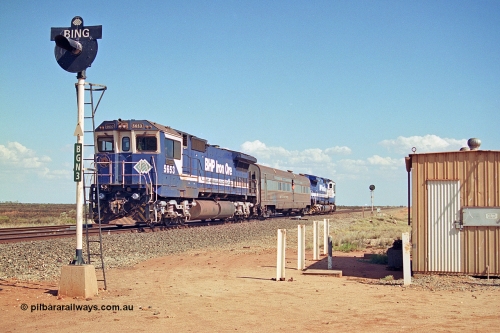 269-18
Bing North and the Alstom 25-year service agreement special led by BHP Iron Ore's Goninan GE rebuild CM40-8M unit 5653 'Chiba' serial number 8412-10 / 93-144 heads back to Nelson Point with The Sundowner and 5634 on the rear of the train. Friday April 12, 2002.
Keywords: 5653;Goninan;GE;CM40-8M;8412-10/93-144;rebuild;AE-Goodwin;ALCo;M636C;5484;G6061-5;