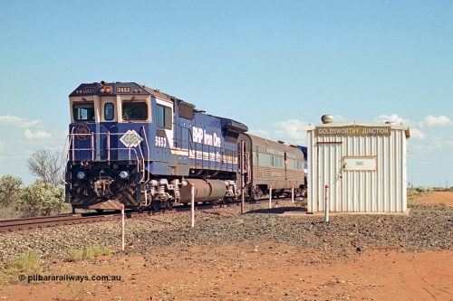 269-22
Goldsworthy Junction, and the Alstom 25-year service agreement special led by BHP Iron Ore's Goninan GE rebuild CM40-8M unit 5653 'Chiba' serial number 8412-10 / 93-144 heads back to Nelson Point with The Sundowner and 5634 on the rear of the train. Friday April 12, 2002.
Keywords: 5653;Goninan;GE;CM40-8M;8412-10/93-144;rebuild;AE-Goodwin;ALCo;M636C;5484;G6061-5;